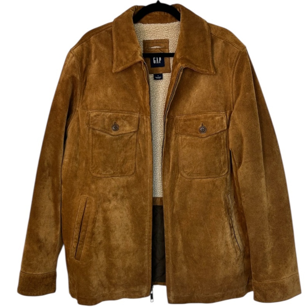GAP Men’s VINTAGE‎ Suede Leather Jacket Sherpa Lined Camel Full Zip Pockets L